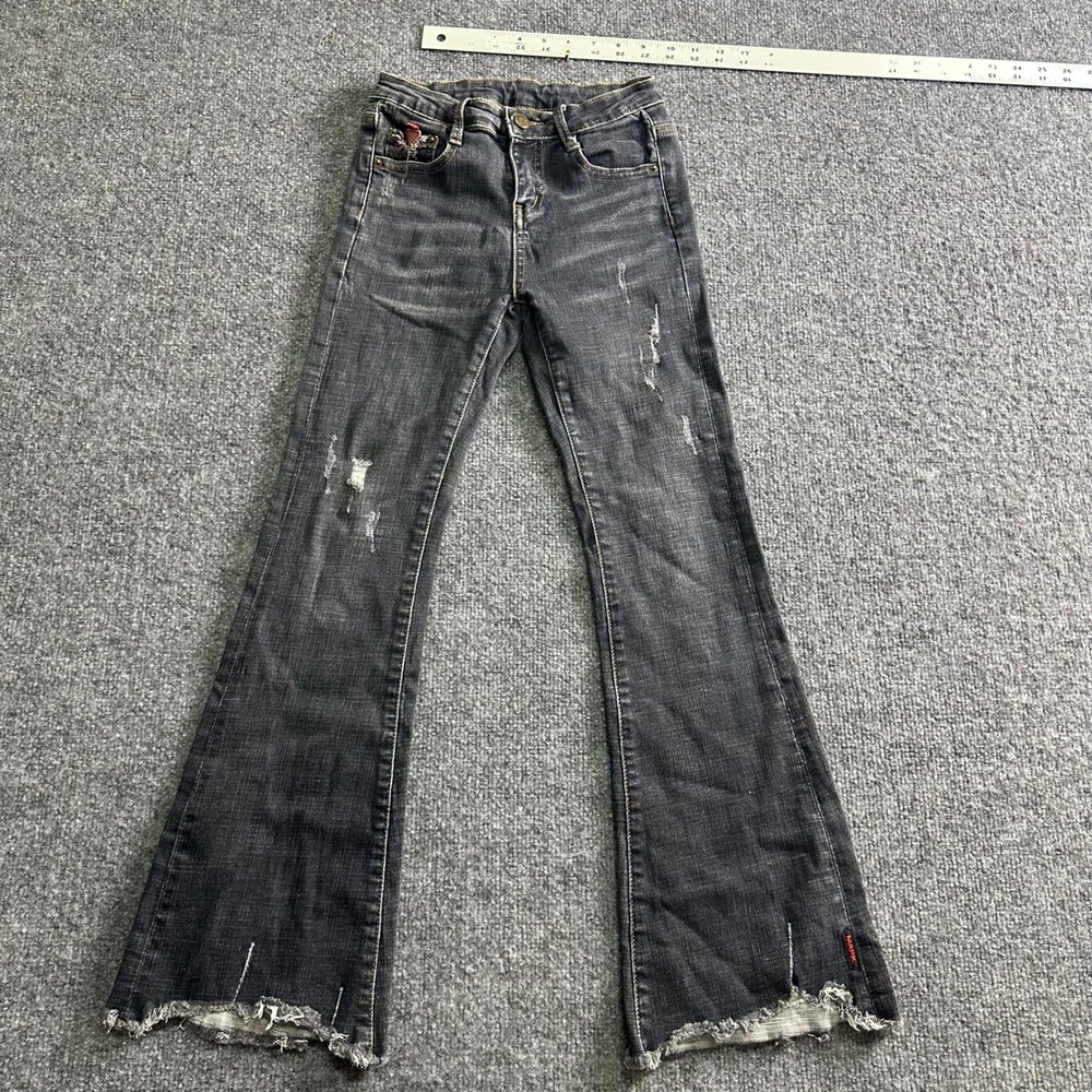 Guess Jeans Womens Size 26 Black Distressed Flare Raw Hem Slim Fit Stretch Denim